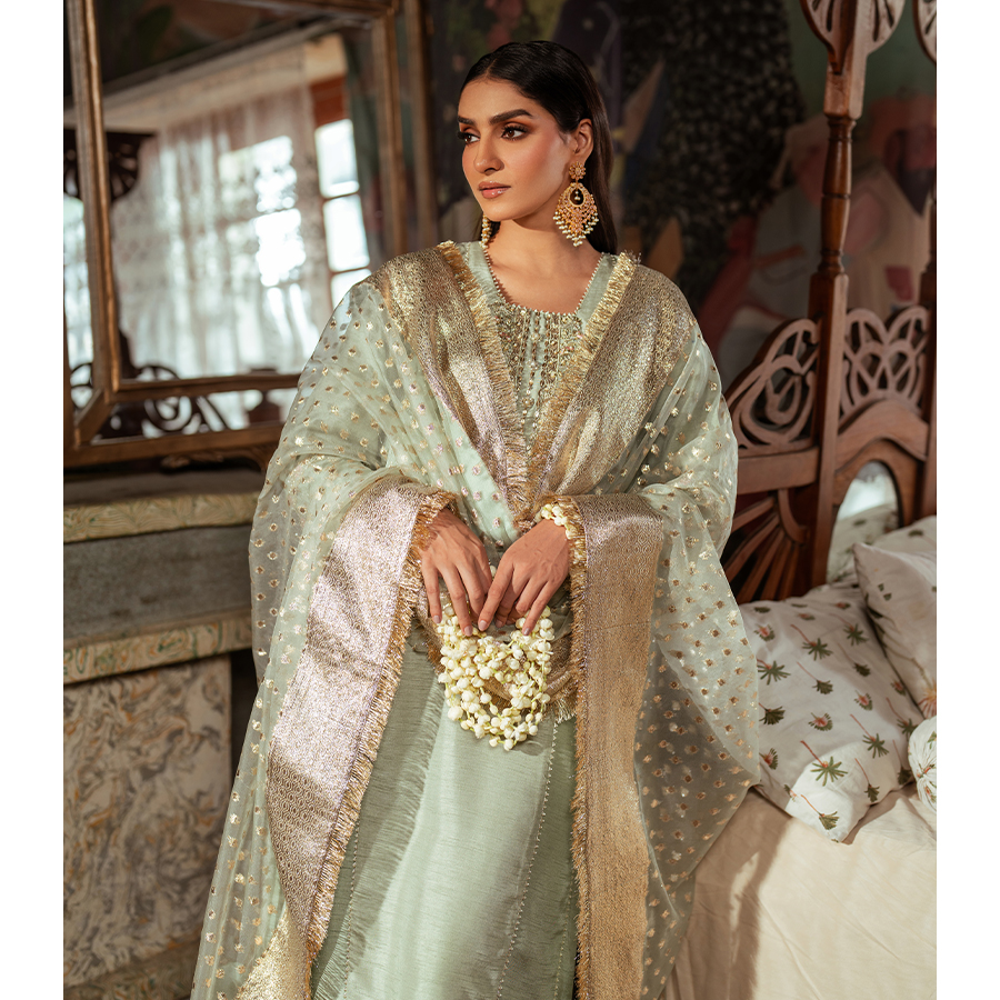 Pakistani Pistachio & Blush Embellished Korean Raw Silk Salwar Kameez (4-Piece) - Image 7