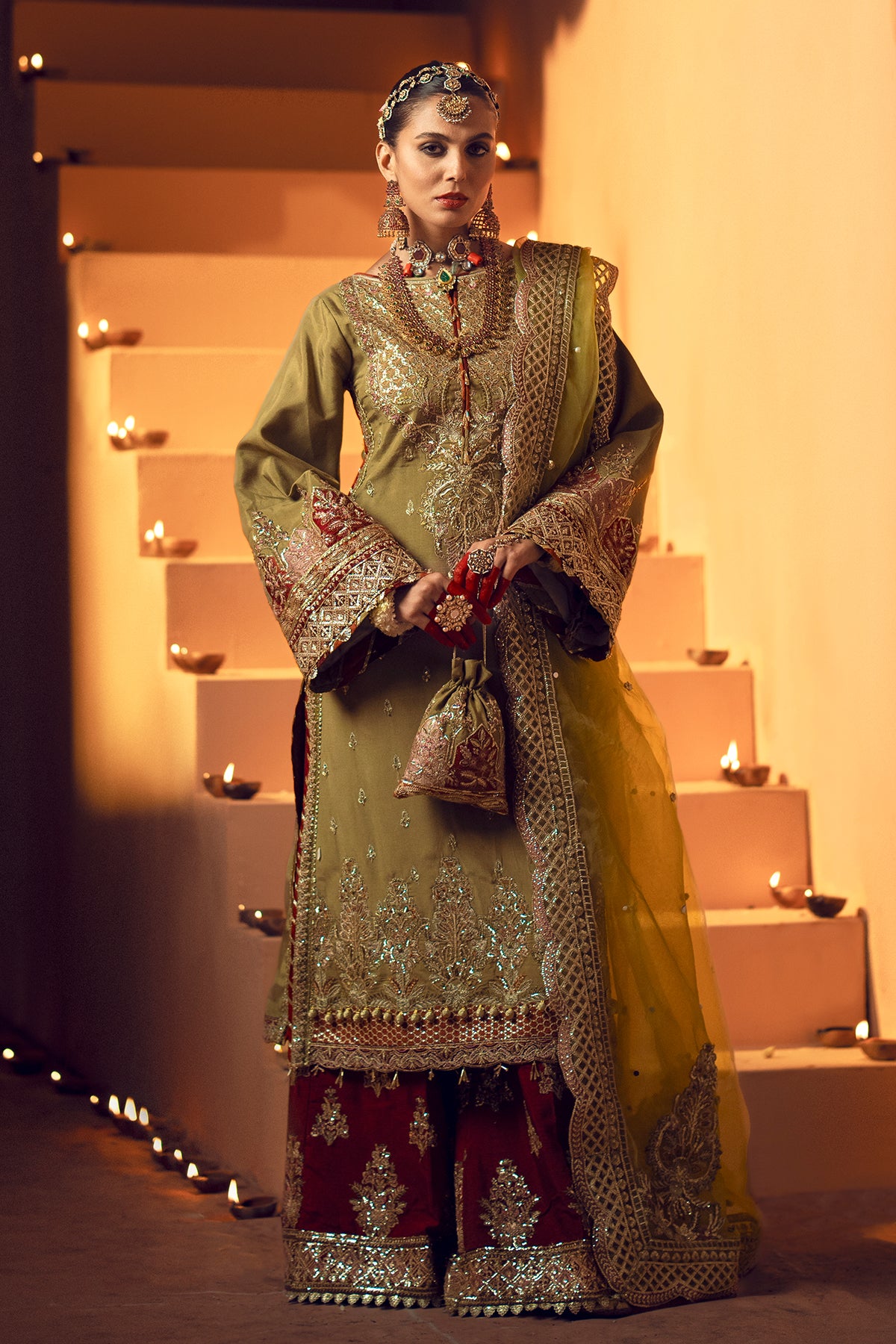 Olive Green Resham Embroidered Rawsilk Bridal Salwar Kameez (3-Piece) - Image 1