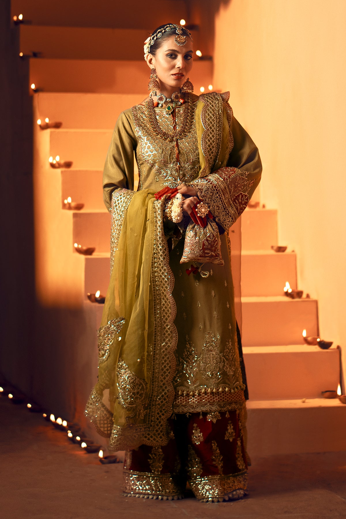 Olive Green Resham Embroidered Rawsilk Bridal Salwar Kameez (3-Piece) - Image 2