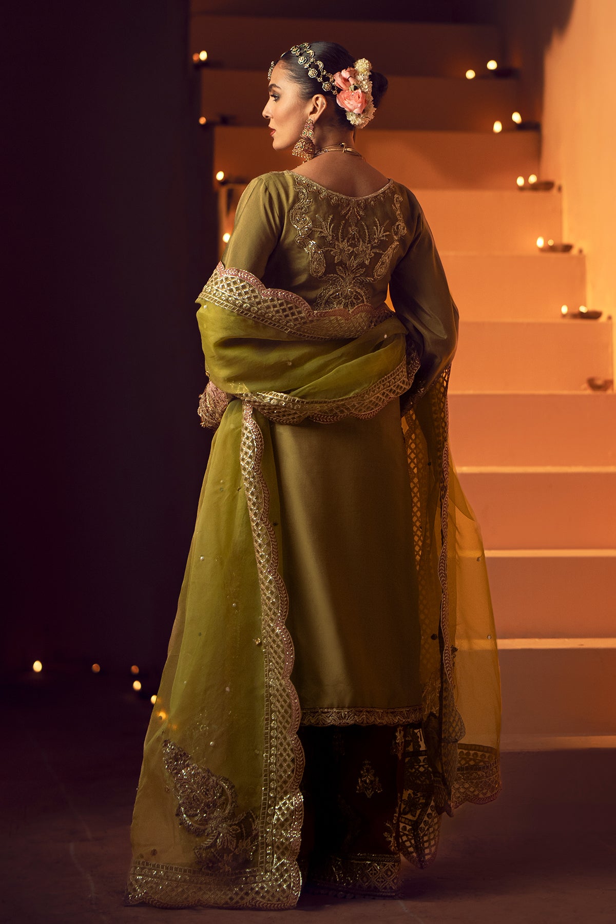 Olive Green Resham Embroidered Rawsilk Bridal Salwar Kameez (3-Piece) - Image 3