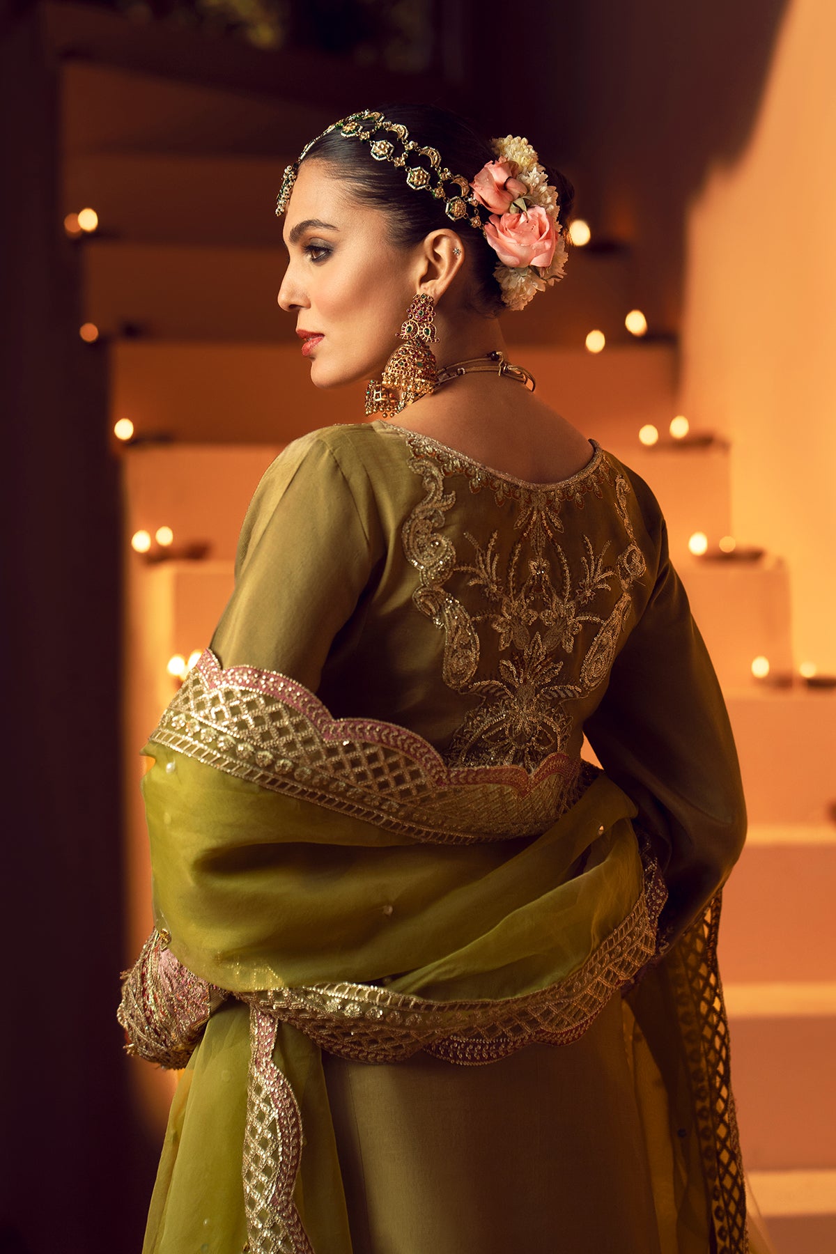 Olive Green Resham Embroidered Rawsilk Bridal Salwar Kameez (3-Piece) - Image 4