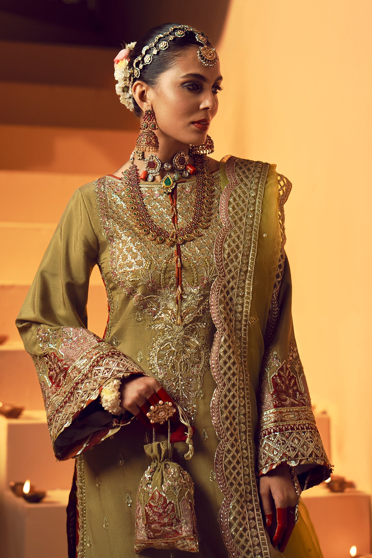 Olive Green Resham Embroidered Rawsilk Bridal Salwar Kameez (3-Piece) - Image 5