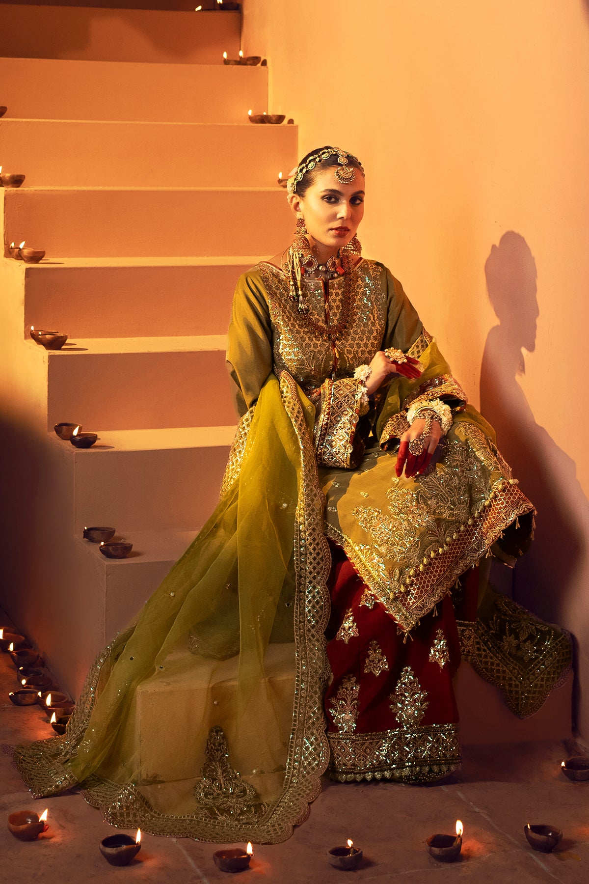 Olive Green Resham Embroidered Rawsilk Bridal Salwar Kameez (3-Piece) - Image 6