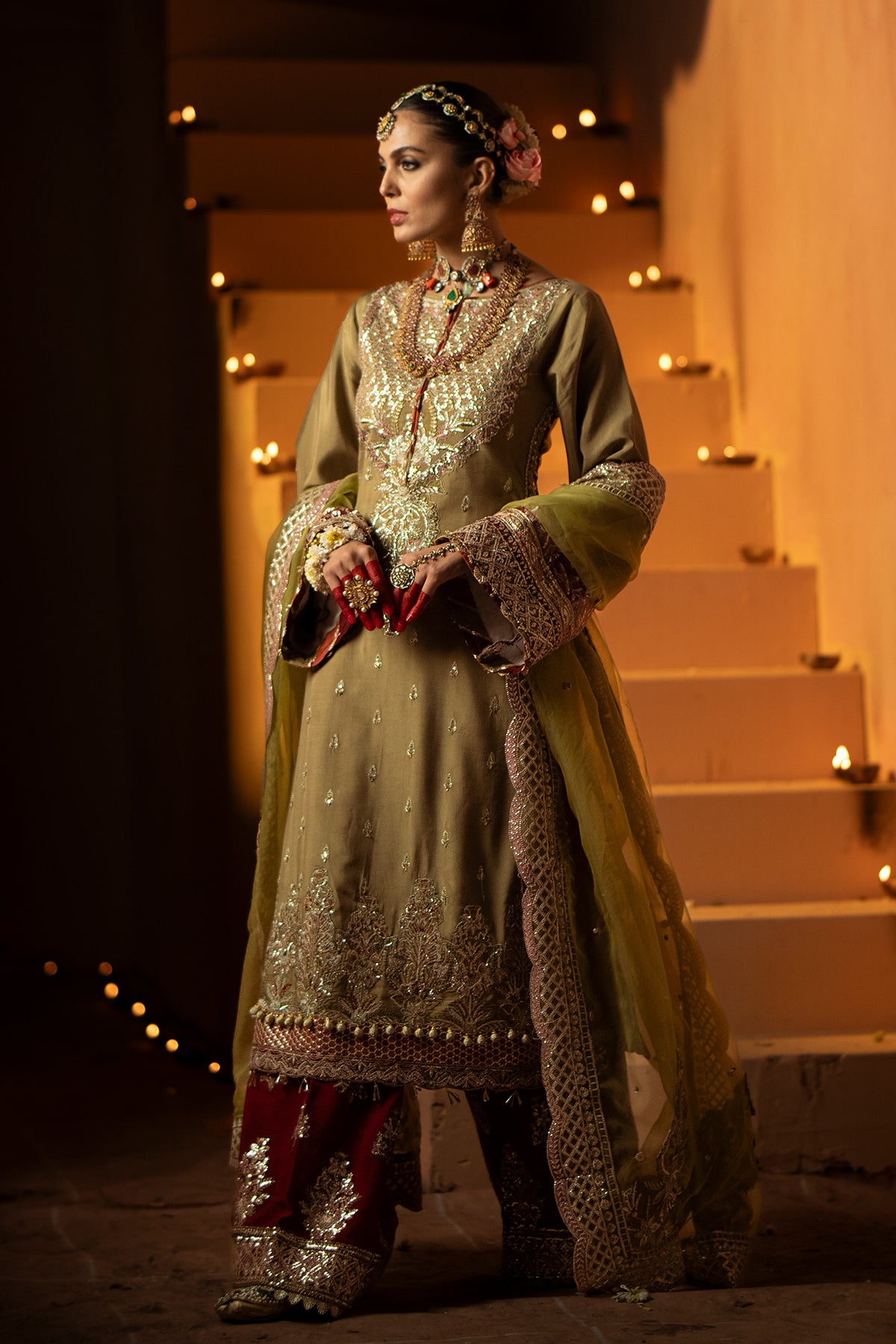 Olive Green Resham Embroidered Rawsilk Bridal Salwar Kameez (3-Piece) - Image 7