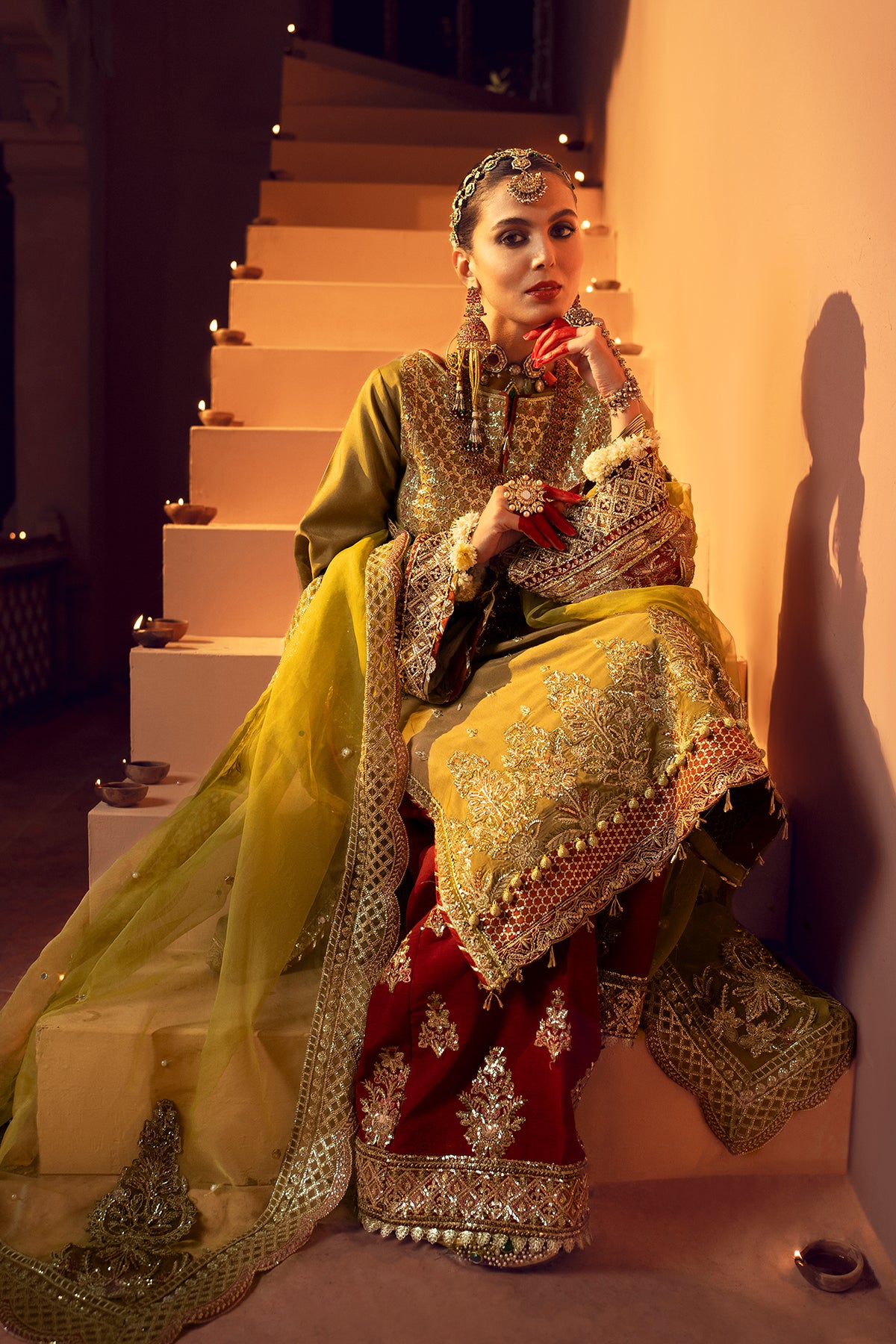 Olive Green Resham Embroidered Rawsilk Bridal Salwar Kameez (3-Piece) - Image 8