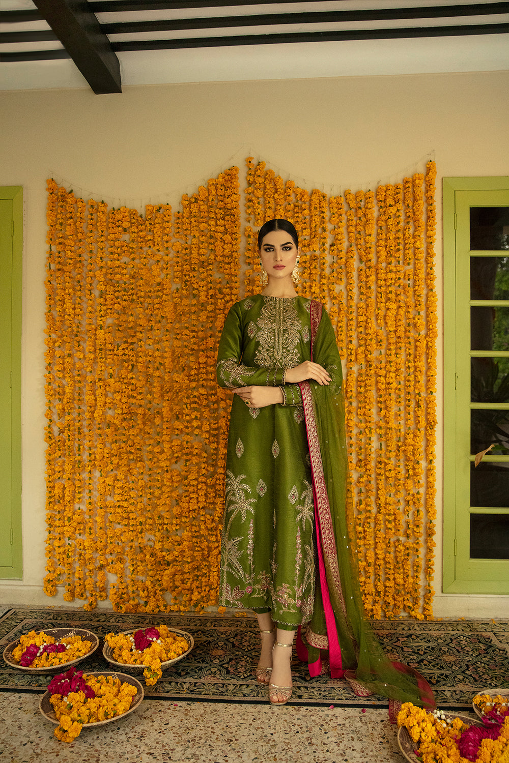 Olive Green Tilla Embroidered Rod Silk Salwar Kameez (3-Piece) - Image 2
