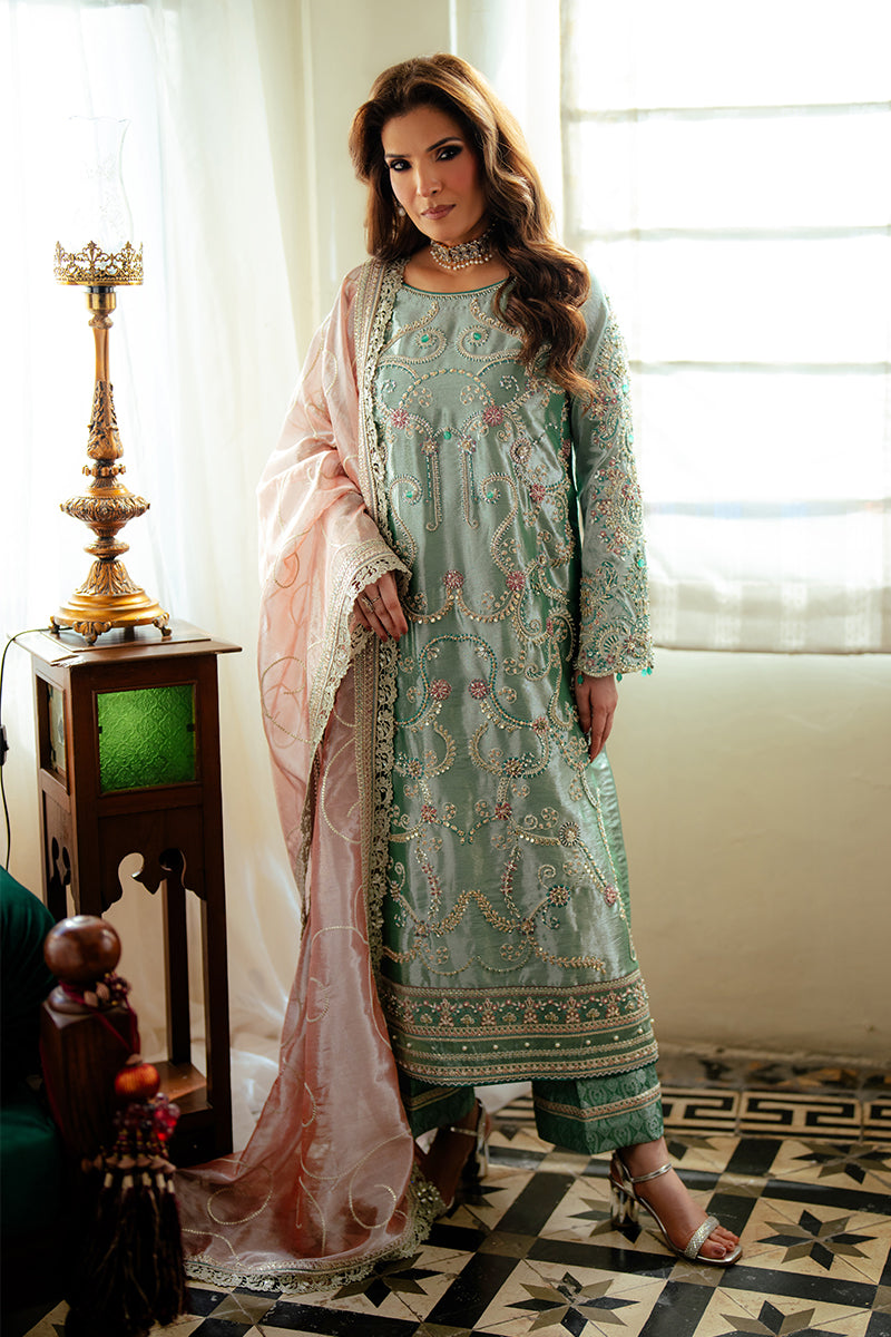 Pakistani Sea Green Zari Embroidered Satin Salwar Kameez (3-Piece) - Image 1