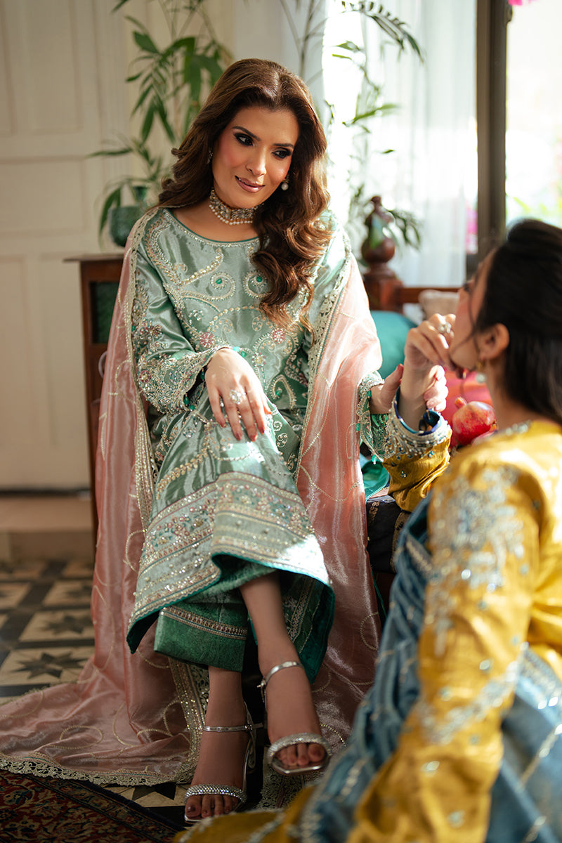 Pakistani Sea Green Zari Embroidered Satin Salwar Kameez (3-Piece) - Image 10