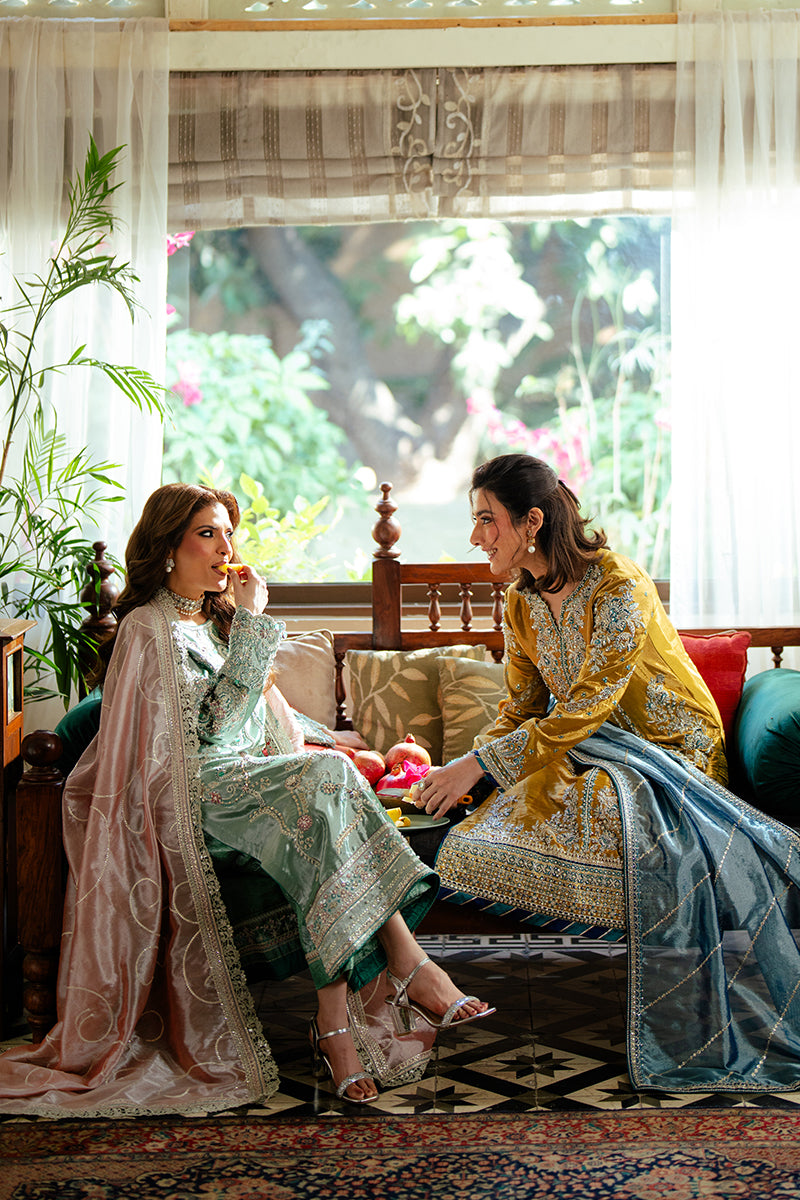 Pakistani Sea Green Zari Embroidered Satin Salwar Kameez (3-Piece) - Image 11