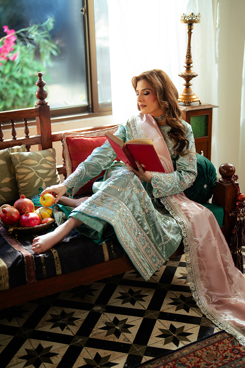 Pakistani Sea Green Zari Embroidered Satin Salwar Kameez (3-Piece) - Image 13