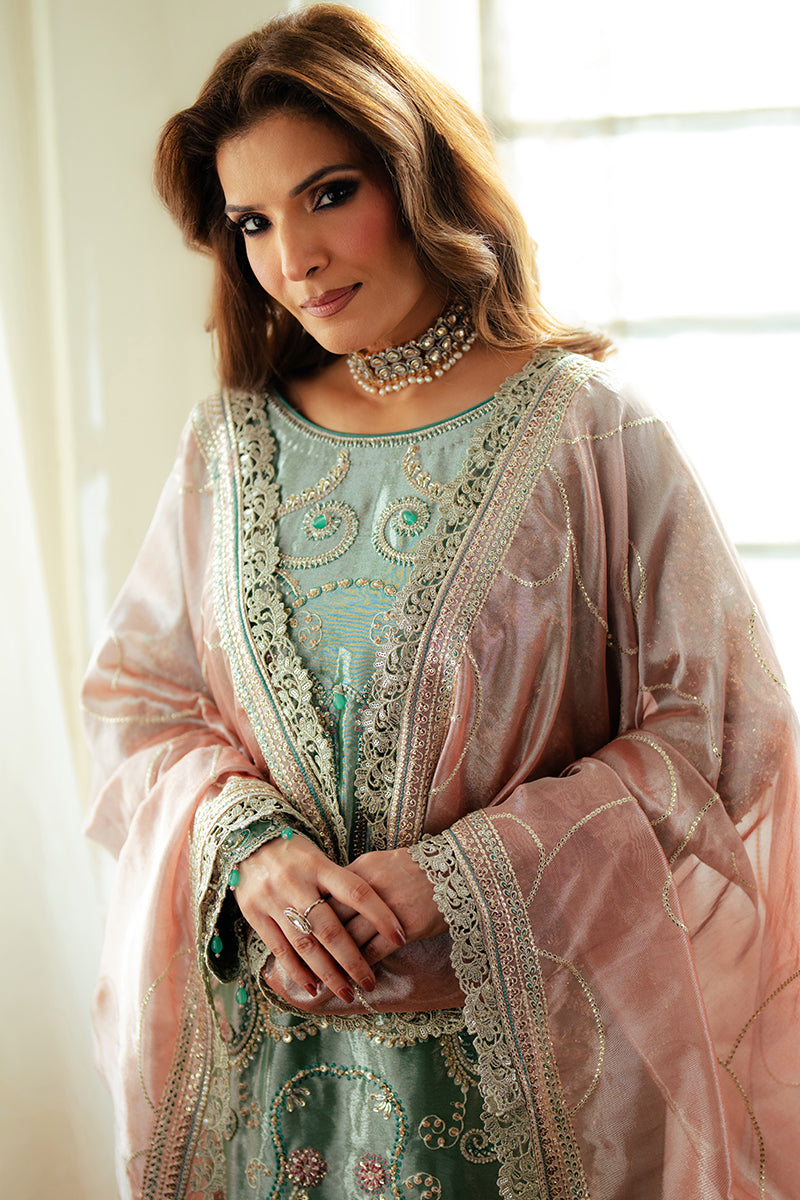 Pakistani Sea Green Zari Embroidered Satin Salwar Kameez (3-Piece) - Image 2