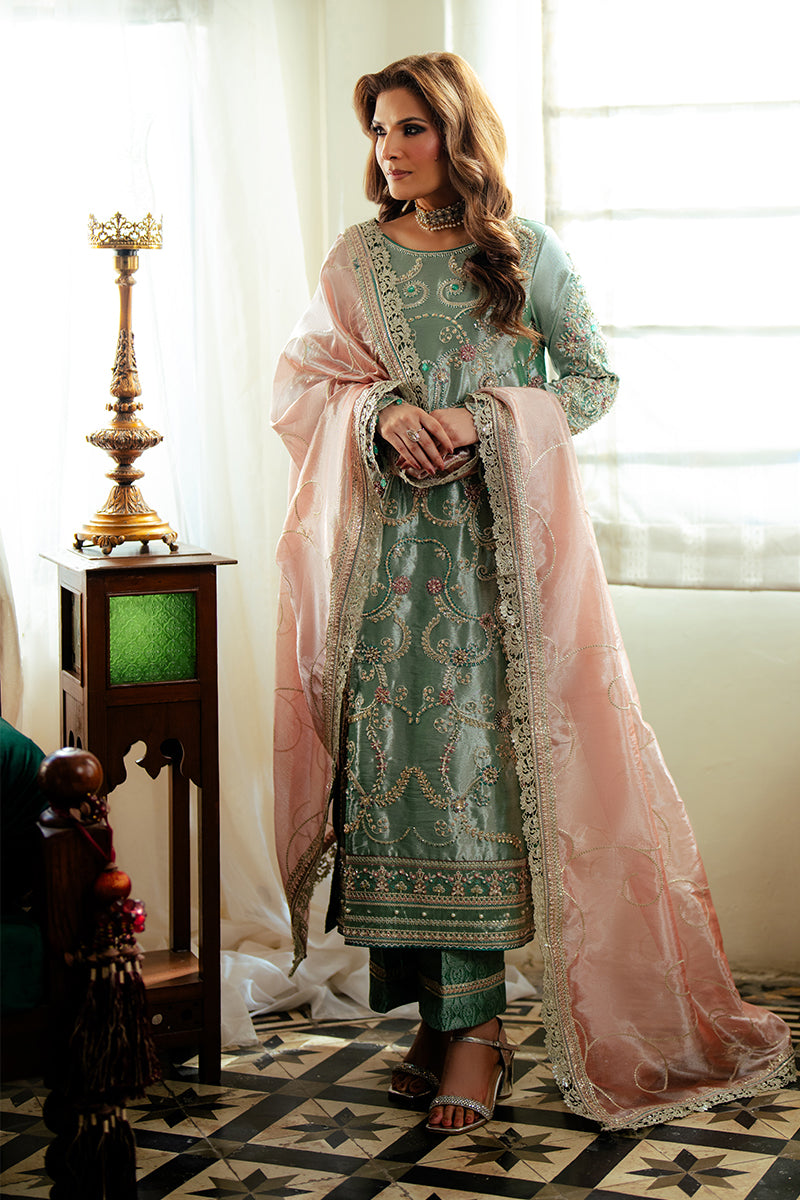Pakistani Sea Green Zari Embroidered Satin Salwar Kameez (3-Piece) - Image 3