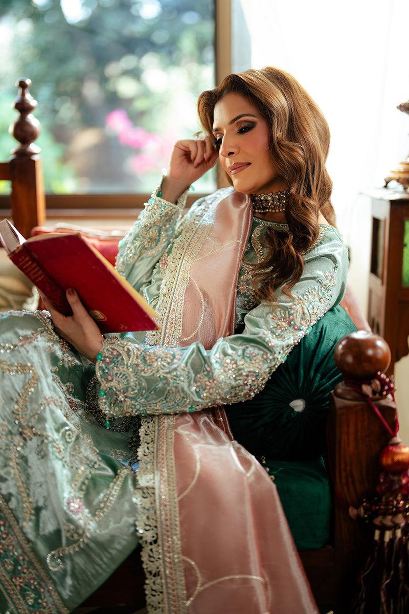 Pakistani Sea Green Zari Embroidered Satin Salwar Kameez (3-Piece) - Image 5