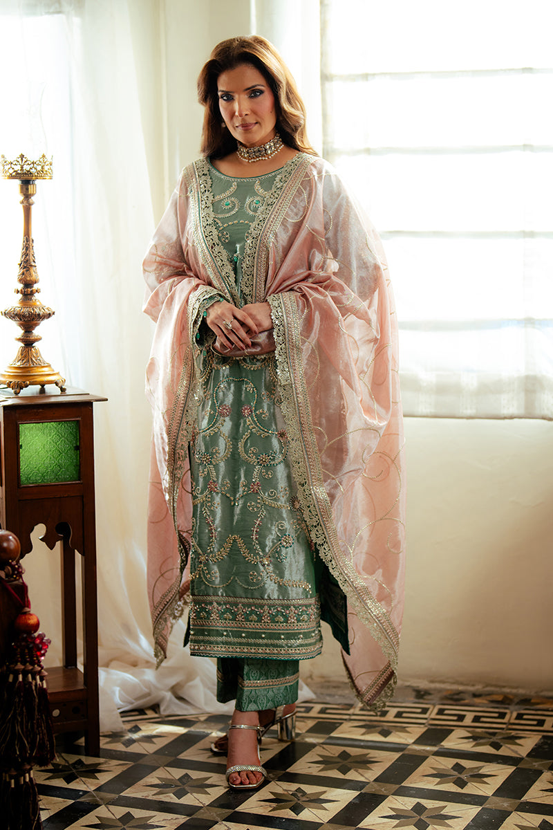 Pakistani Sea Green Zari Embroidered Satin Salwar Kameez (3-Piece) - Image 6