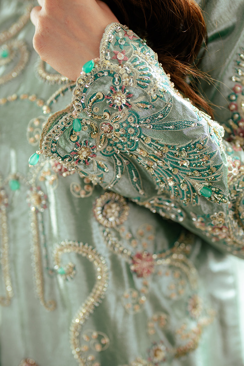 Pakistani Sea Green Zari Embroidered Satin Salwar Kameez (3-Piece) - Image 8
