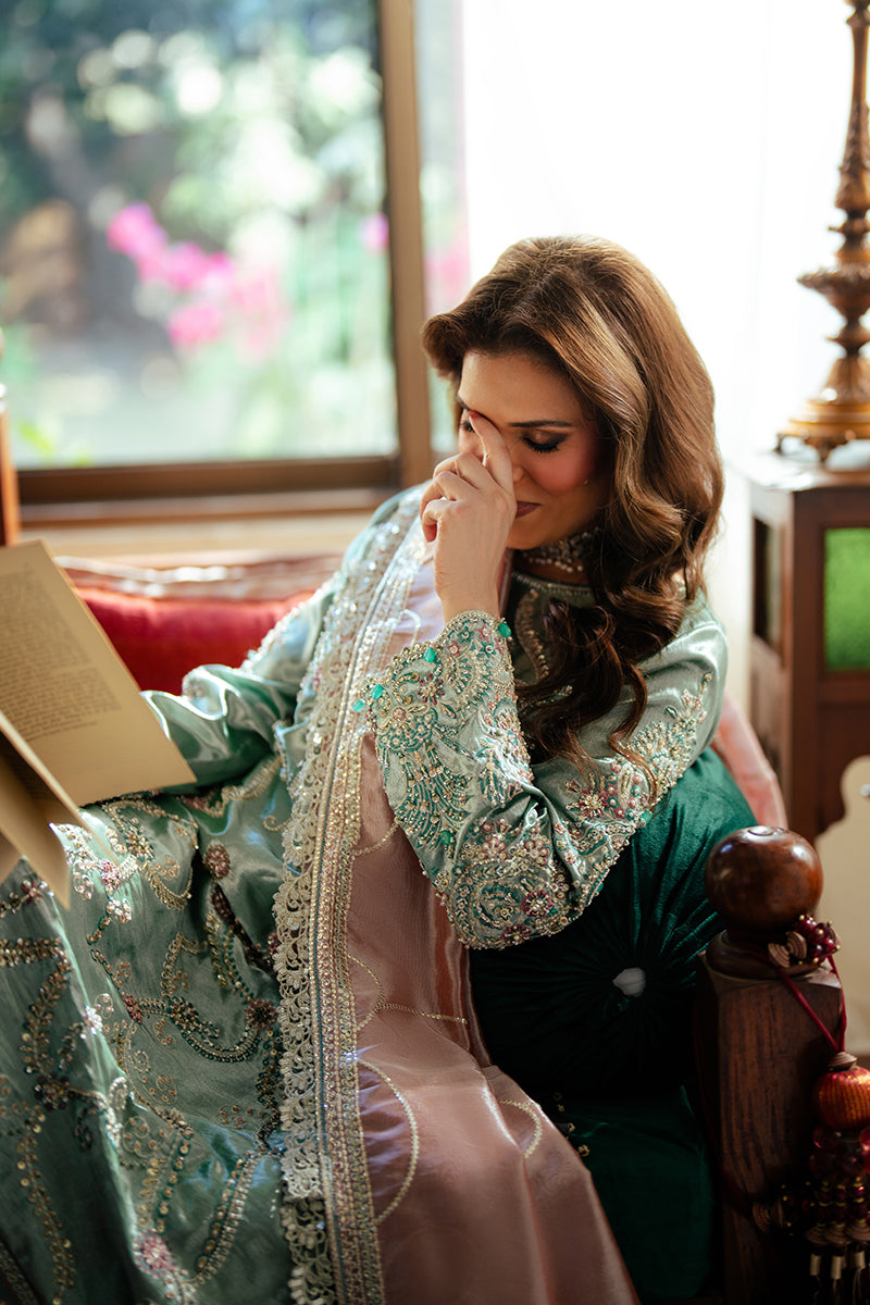 Pakistani Sea Green Zari Embroidered Satin Salwar Kameez (3-Piece) - Image 9