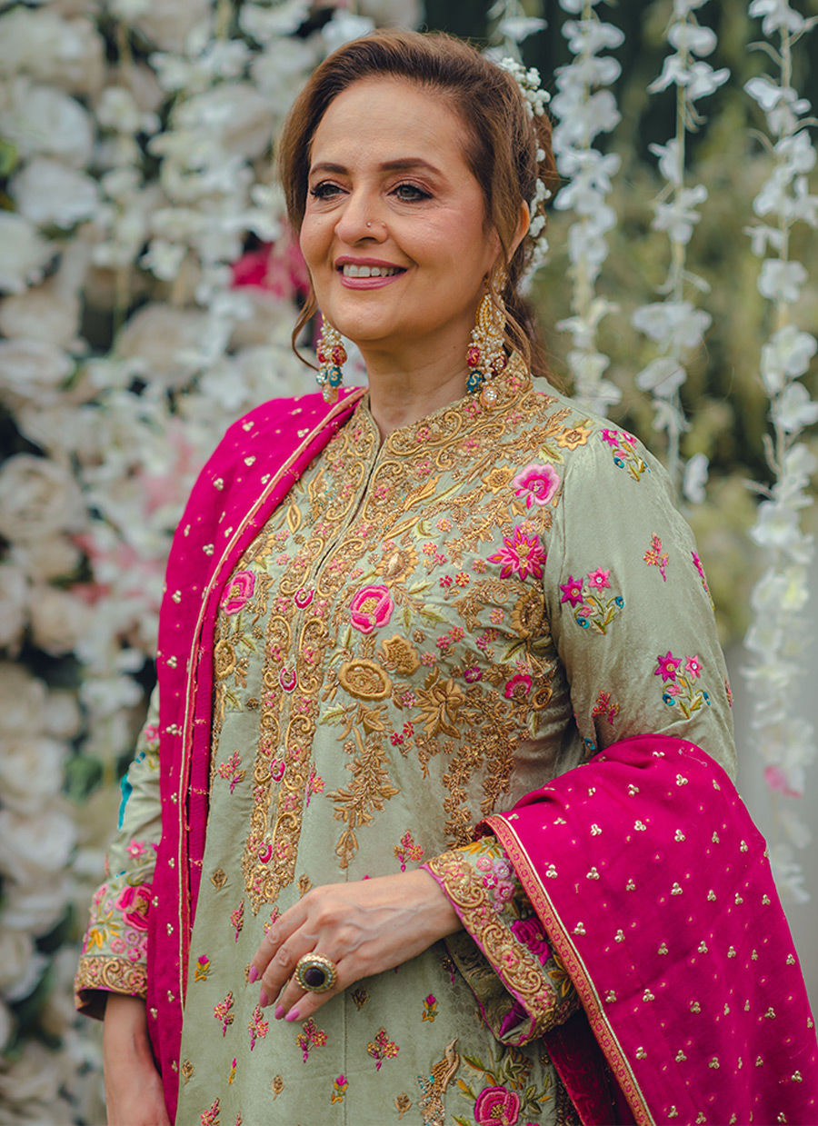 Pakistani Sage Green Embroidered Self Jamawar Sherwani-Cut Kameez (3-Piece) - Image 1