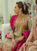 Pakistani Sage Green Embroidered Self Jamawar Sherwani-Cut Kameez (3-Piece) - Image 5