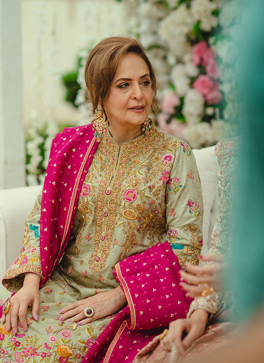 Pakistani Sage Green Embroidered Self Jamawar Sherwani-Cut Kameez (3-Piece) - Image 7