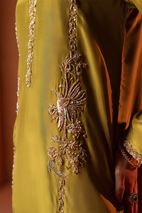 Pakistani Sage Green Embroidered Sheesha Silk Salwar Kameez (3-Piece) - Image 1