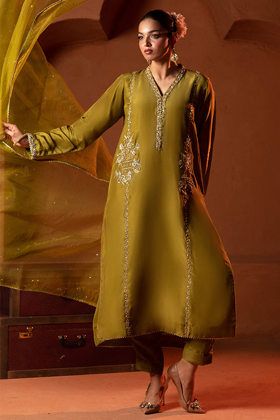 Pakistani Sage Green Embroidered Sheesha Silk Salwar Kameez (3-Piece) - Image 3