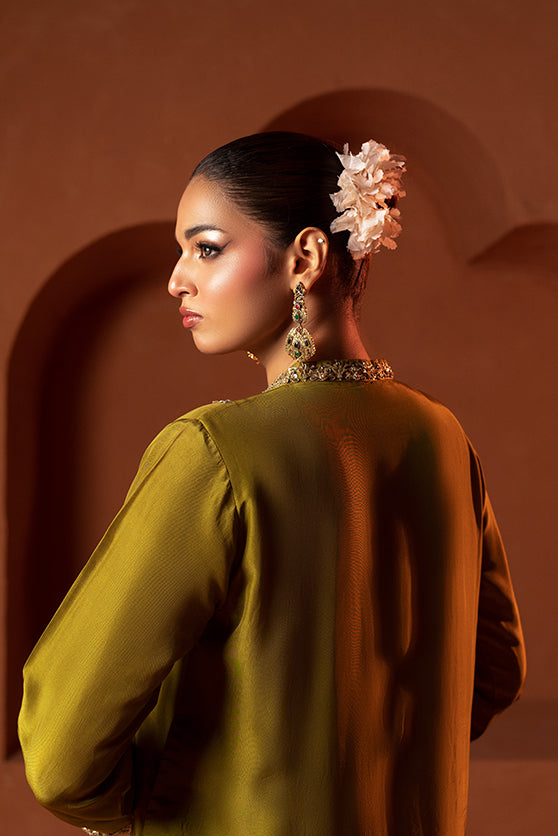 Pakistani Sage Green Embroidered Sheesha Silk Salwar Kameez (3-Piece) - Image 4