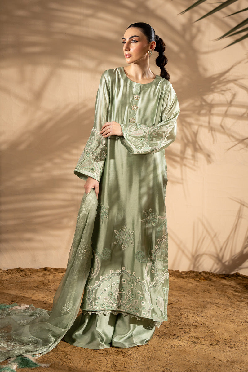 Pistachio Embroidered Sheesha Silk Salwar Kameez (3-Piece) - Image 5