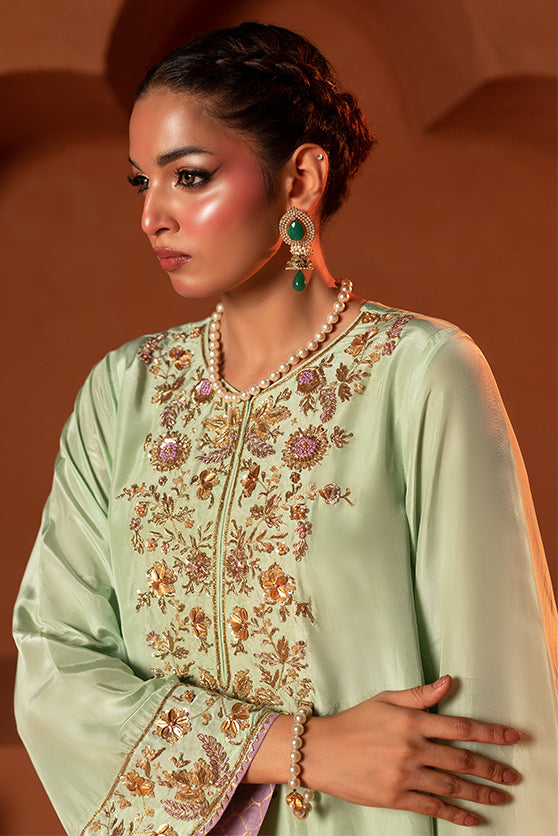 Pakistani Mint Green Embroidered Sheesha Silk Salwar Kameez (3-Piece) - Image 1