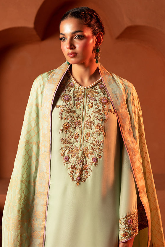 Pakistani Mint Green Embroidered Sheesha Silk Salwar Kameez (3-Piece) - Image 2