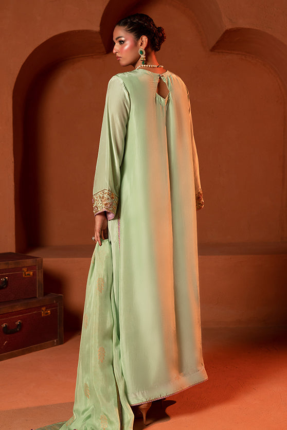 Pakistani Mint Green Embroidered Sheesha Silk Salwar Kameez (3-Piece) - Image 3