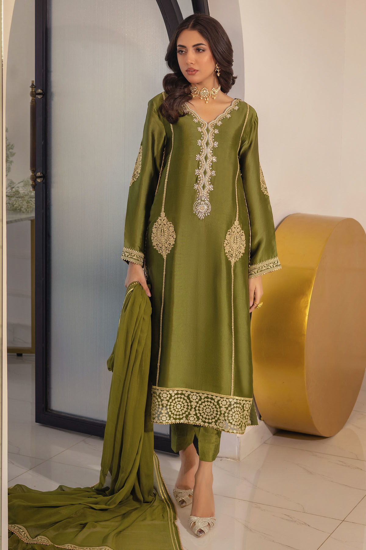 Pakistani Olive Zardozi Aari Sheesha Silk Salwar Kameez (3-Piece) - Image 1