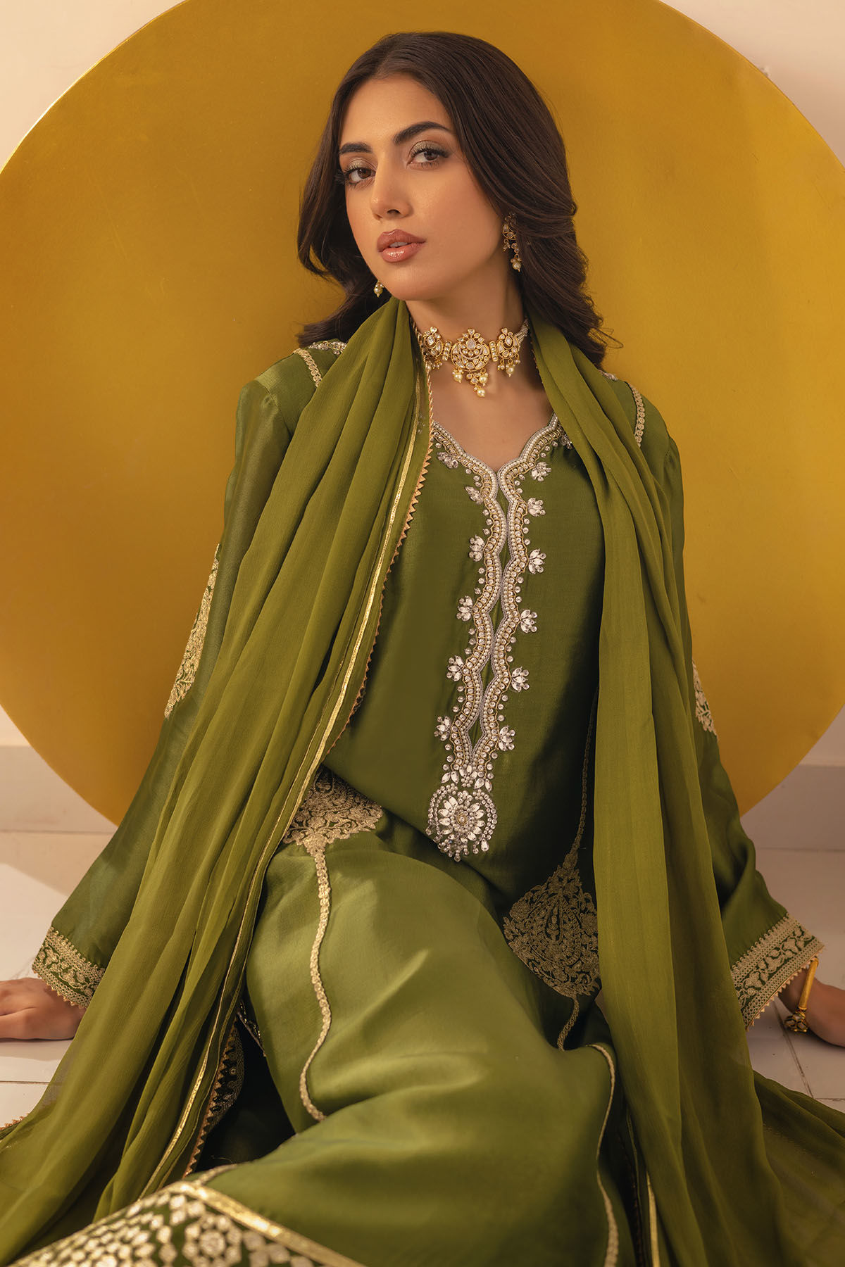 Pakistani Olive Zardozi Aari Sheesha Silk Salwar Kameez (3-Piece) - Image 3