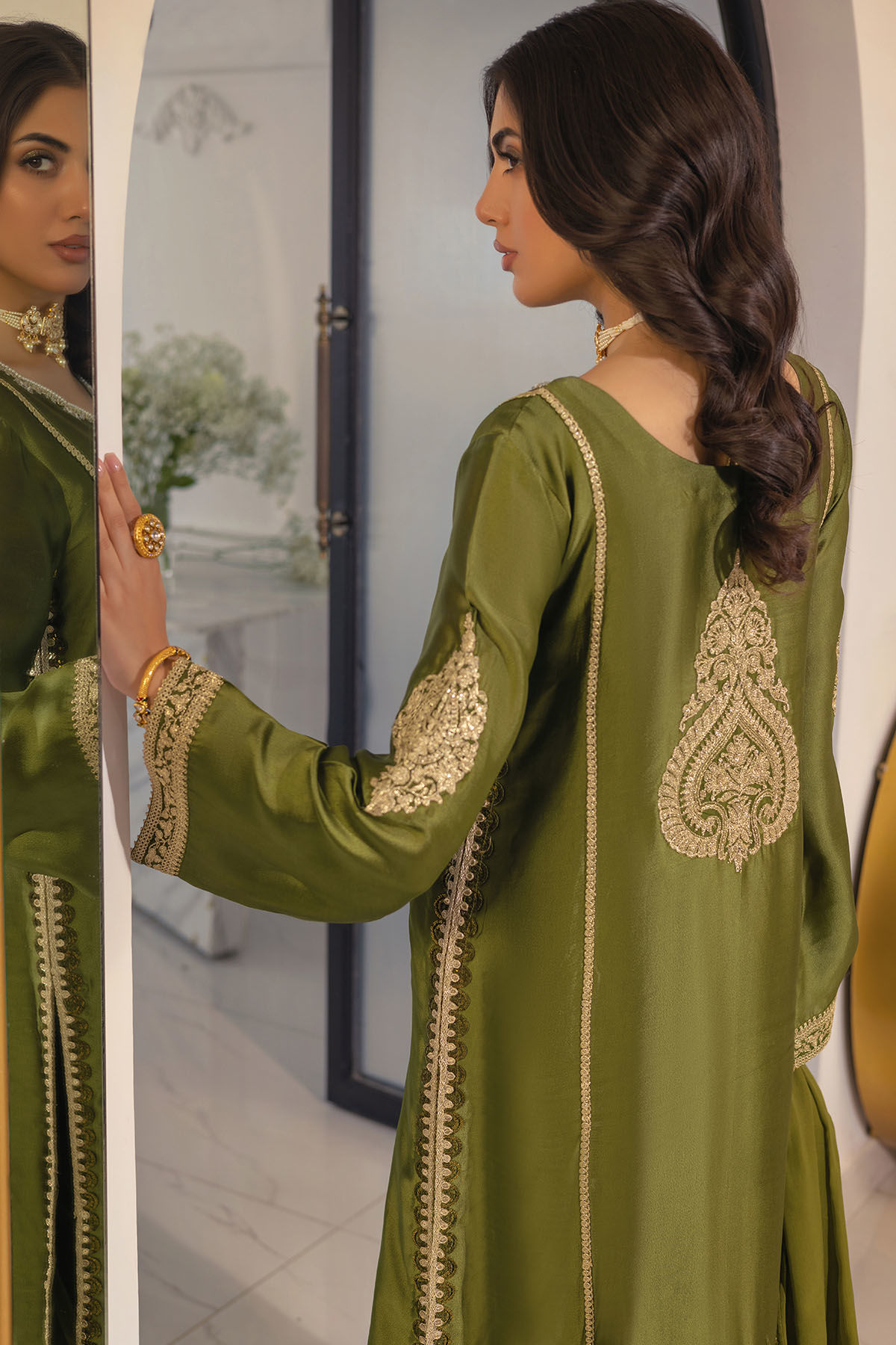 Pakistani Olive Zardozi Aari Sheesha Silk Salwar Kameez (3-Piece) - Image 4