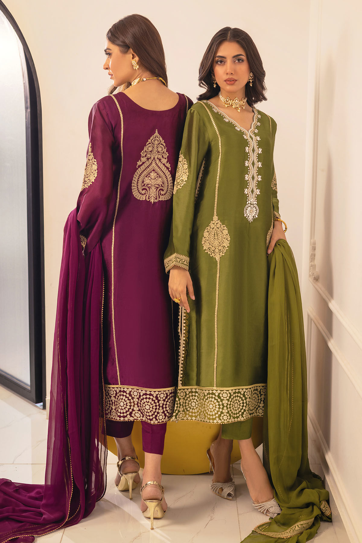 Pakistani Olive Zardozi Aari Sheesha Silk Salwar Kameez (3-Piece) - Image 5