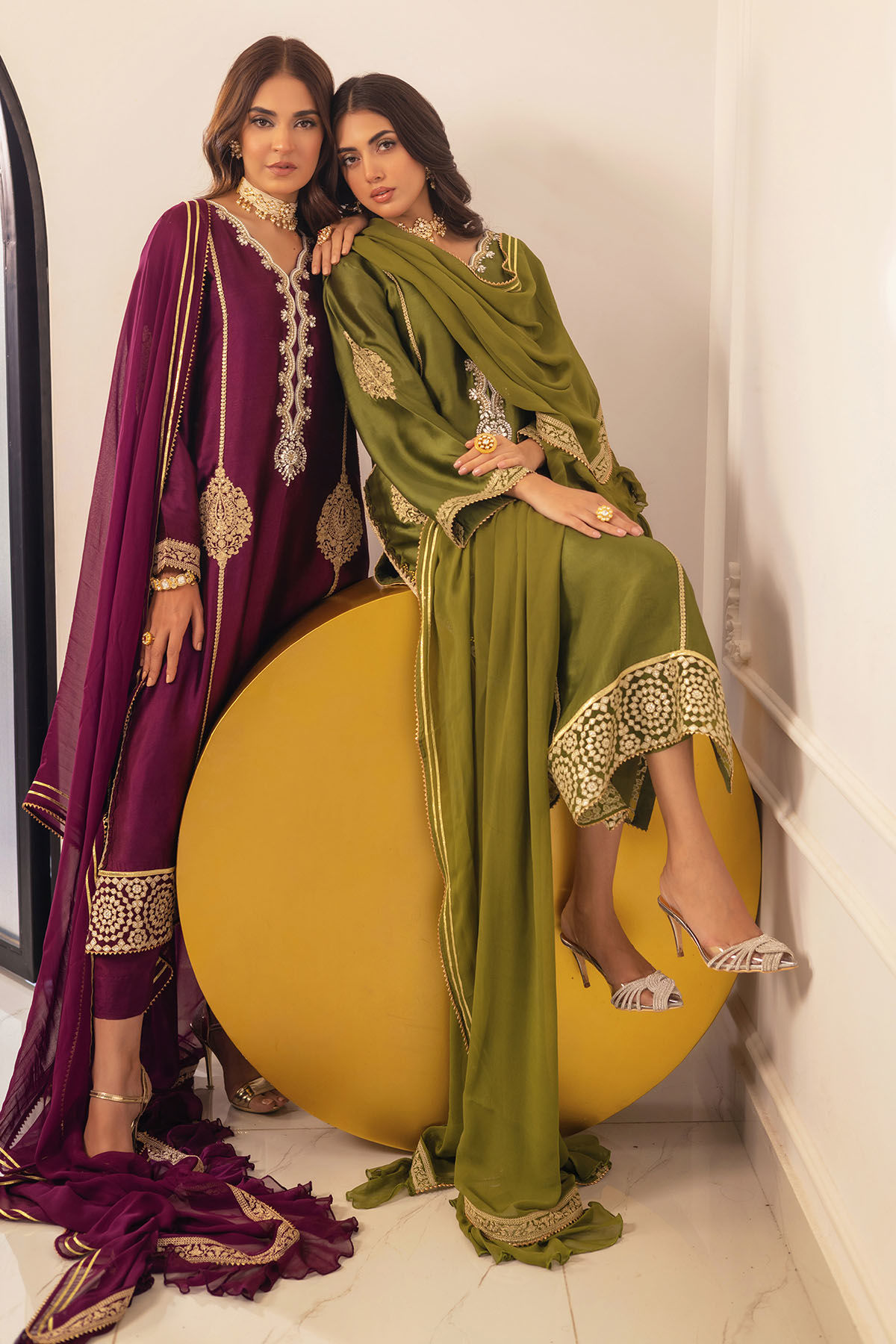 Pakistani Olive Zardozi Aari Sheesha Silk Salwar Kameez (3-Piece) - Image 6