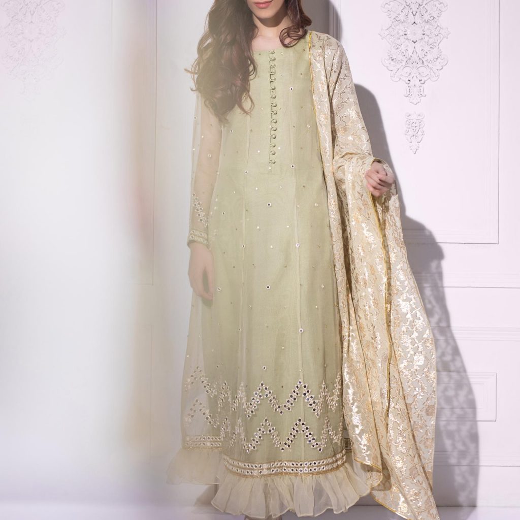 Pakistani Pastel Green Sheesha Embroidered Salwar Kameez (3-Piece) - Image 1