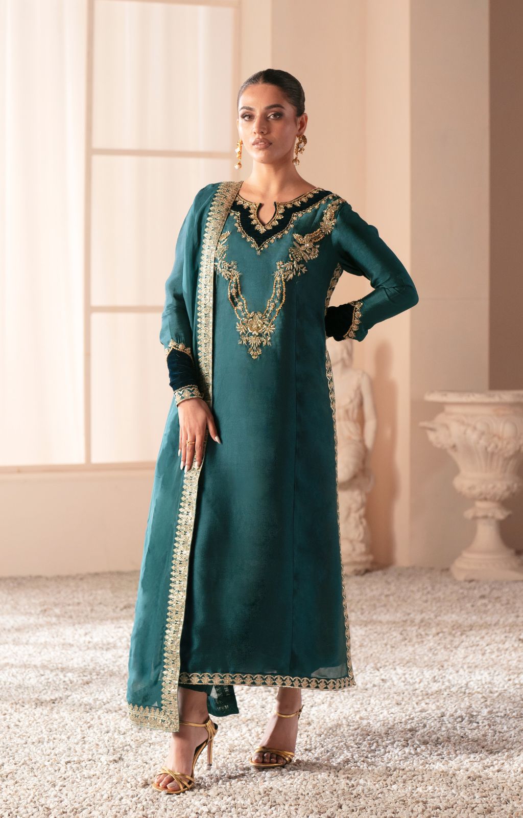 Teal Green Embroidered Pure Shesha Silk Kameez (3-Piece) - Image 1