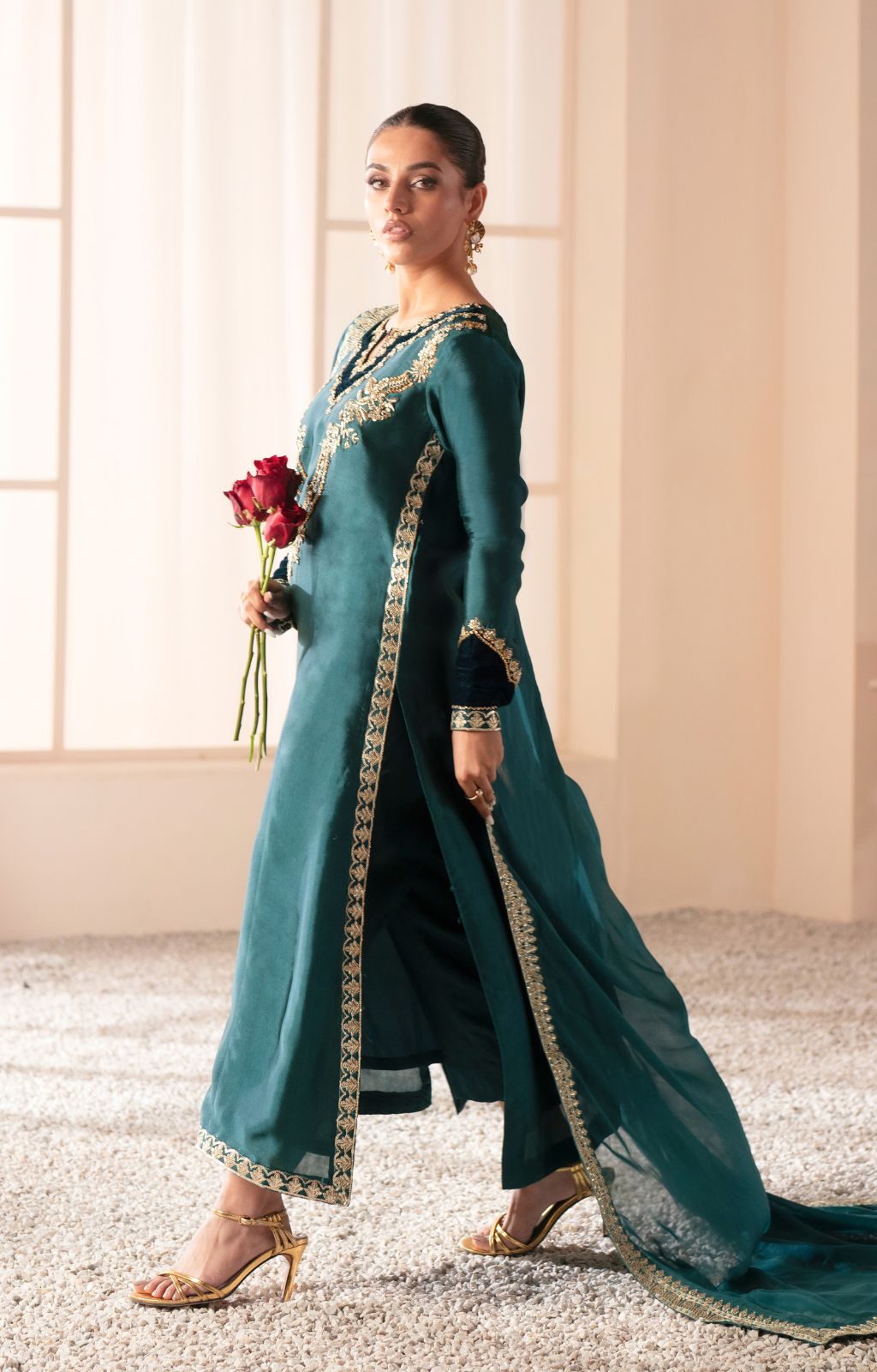 Teal Green Embroidered Pure Shesha Silk Kameez (3-Piece) - Image 2