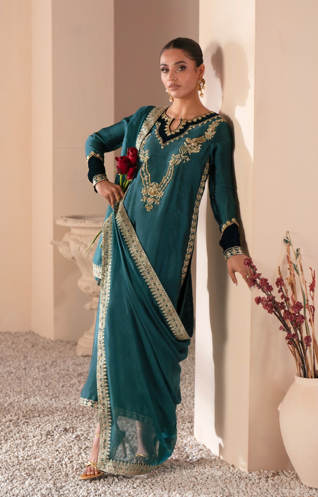Teal Green Embroidered Pure Shesha Silk Kameez (3-Piece) - Image 3