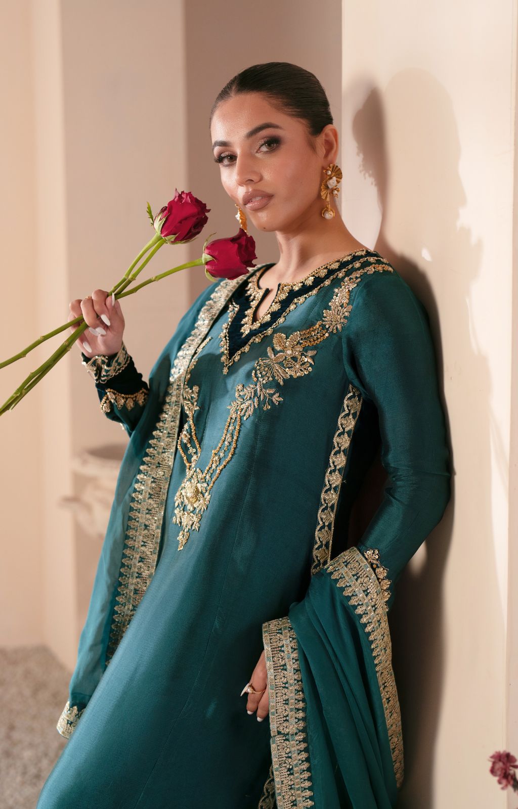 Teal Green Embroidered Pure Shesha Silk Kameez (3-Piece) - Image 6