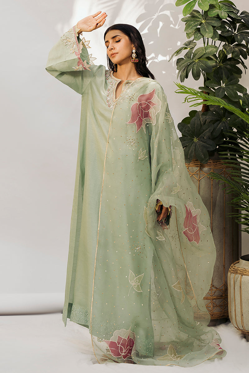 Mint Appliqué Embroidered Silk Salwar Kameez (3-Piece) - Image 1