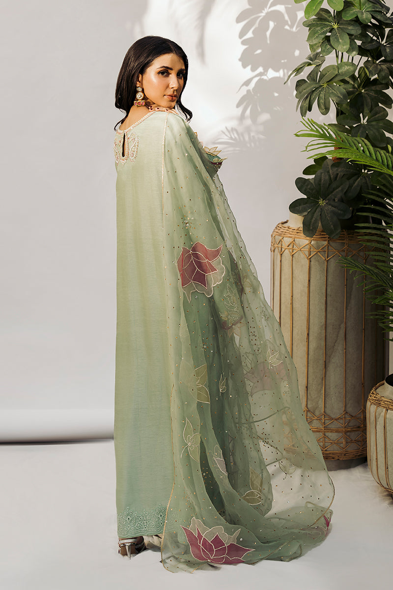 Mint Appliqué Embroidered Silk Salwar Kameez (3-Piece) - Image 2