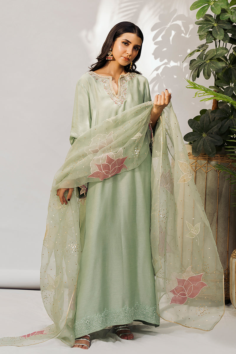 Mint Appliqué Embroidered Silk Salwar Kameez (3-Piece) - Image 4