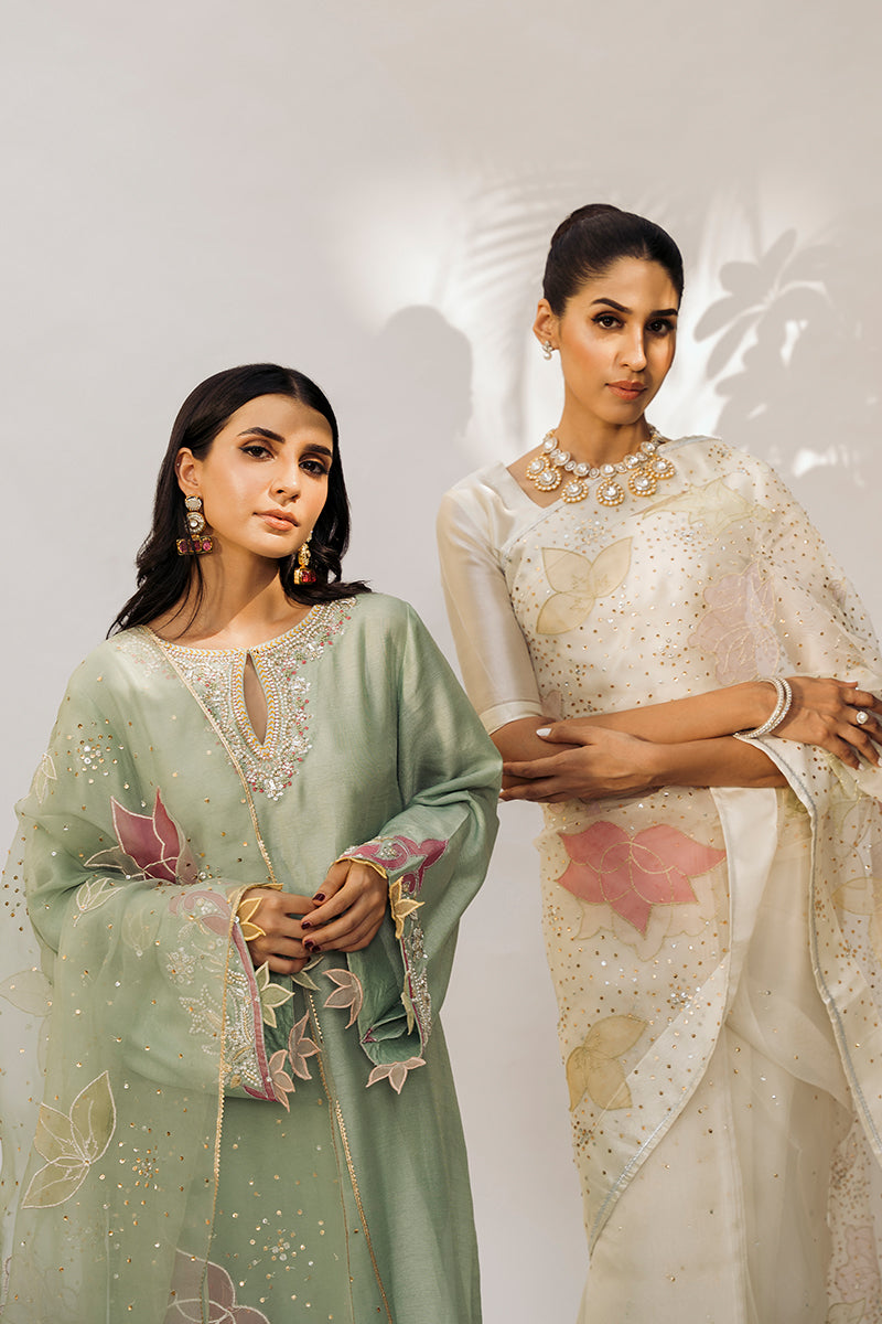 Mint Appliqué Embroidered Silk Salwar Kameez (3-Piece) - Image 7