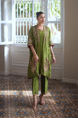 Pakistani Olive Green Hand-Embellished Pure Silk Salwar Kameez (3-Piece) - Image 1
