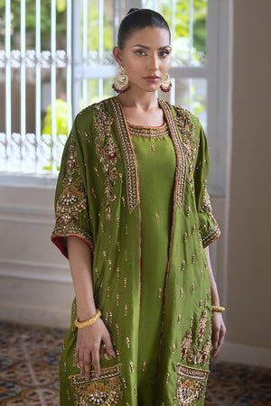 Pakistani Olive Green Hand-Embellished Pure Silk Salwar Kameez (3-Piece) - Image 3