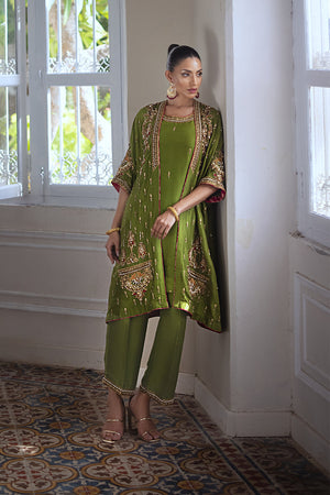 Pakistani Olive Green Hand-Embellished Pure Silk Salwar Kameez (3-Piece) - Image 4