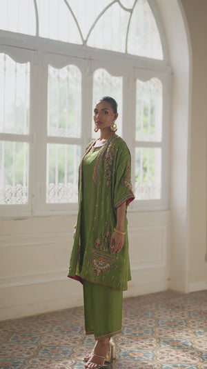 Pakistani Olive Green Hand-Embellished Pure Silk Salwar Kameez (3-Piece) - Image 8