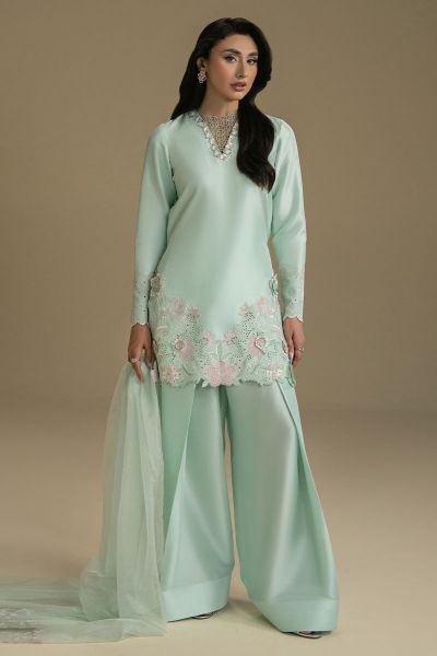 Mint Green 3D Embroidered Silk-Blend Salwar Kameez (3-Piece) - Image 1