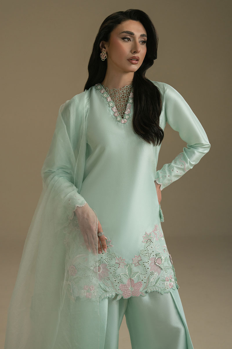 Mint Green 3D Embroidered Silk-Blend Salwar Kameez (3-Piece) - Image 3